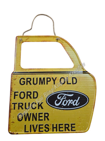 Retro decorative plate DOOR SHAPE GRUMPY OLD FORD DRIVER embossed approx 31 cm x 36 cm
