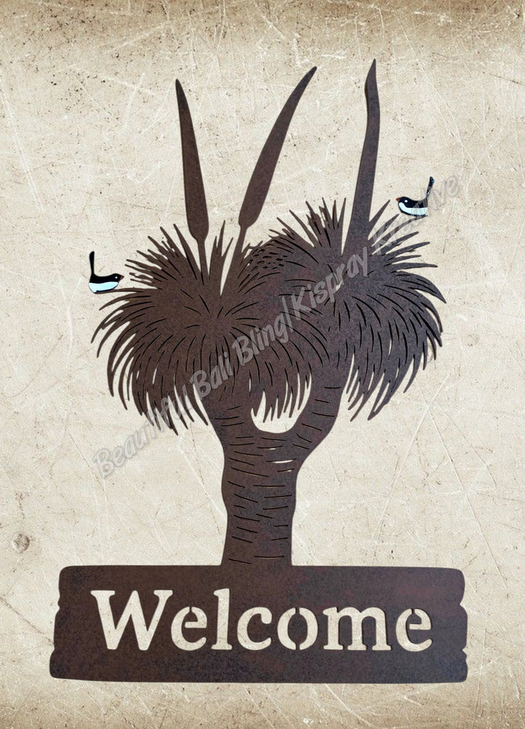 Rustic Willie wagtails and grass trees welcome sign approx 40 cm x 32 cm