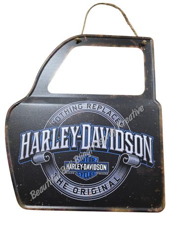 Retro decorative plate DOOR SHAPE HARLEY DAVIDSON MOTORCYCLES embossed approx 31 cm x 36 cm