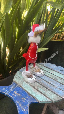 Duck, wooden, Santa fur jacket trim & thongs, Xmas Christmas🦆 approx 25 cm high