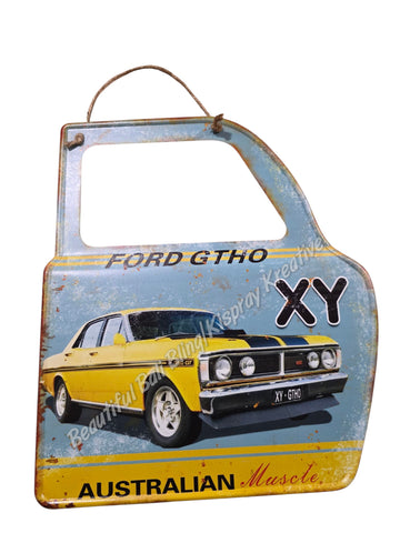 Retro decorative plate DOOR SHAPE CLASSIC FORD GTHO XY embossed approx 31 cm x 36 cm