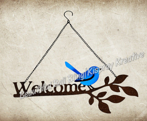 Wall art blue wren welcome sign measuring  34cm wide x 32 cm high in full