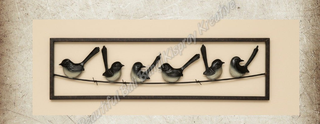 Willie wagtail family on barbed wire in frame wall art approx 22 cm x 79 cm