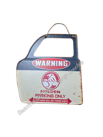 Retro decorative plate DOOR SHAPE HOLDEN PARKING ONLY embossed approx 31 cm x 36 cm