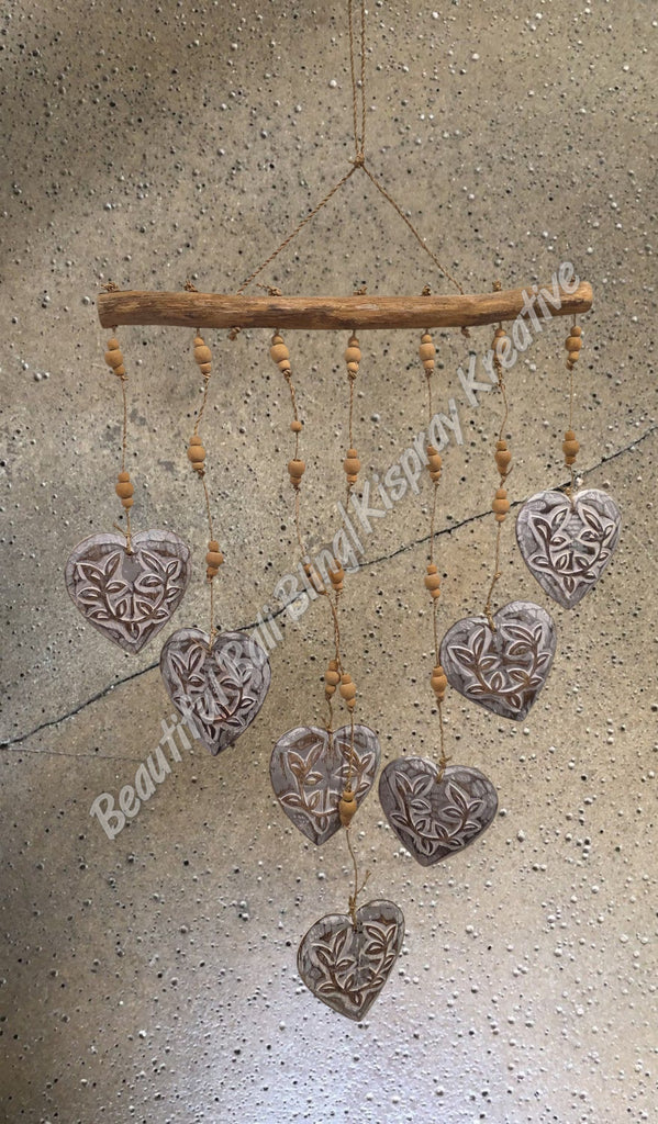 Wood dangler, grey hearts approx 35cm wide x 75cm COMPLETE length #0081