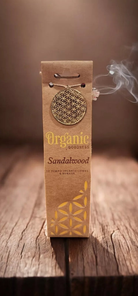 Incense cones Organic Goodness SANDALWOOD 12 jumbo incense cones & holder in a gift bag