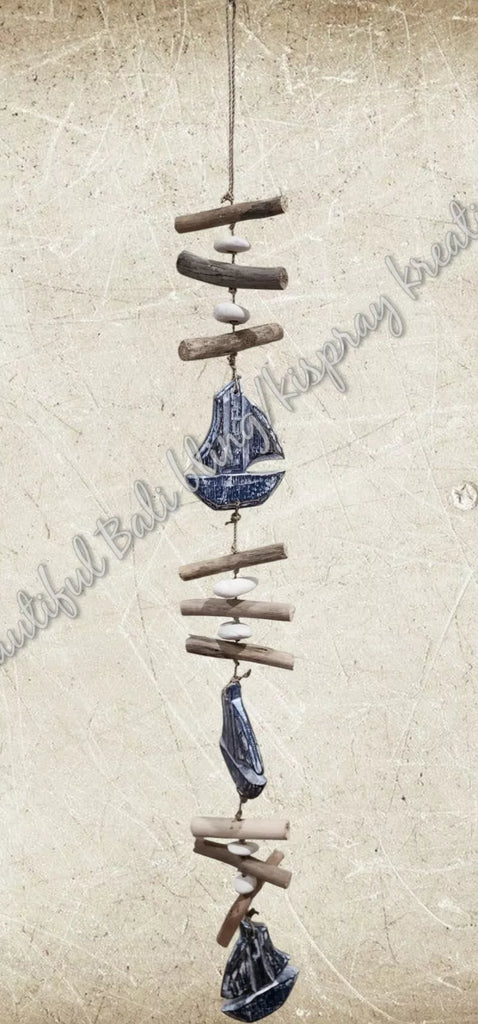 Beachy Hamptons Driftwood Wood Boat blue dangler, approx 10cm x 90cm #0089