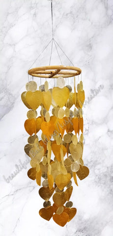 Capiz shell windchimes,rattan top, goldy  approx 15 cm x  66 cm full length #0108