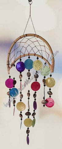 Capiz shell wind chime half moon rattan mixed 24cm wide  x 70cm  COMPLETE length approx (#0122)
