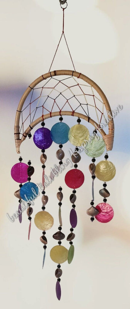 Capiz shell wind chime half moon  dreamcatcher rattan multicoloured 24cm wide  x 70cm  COMPLETE length approx #0122