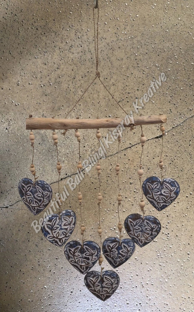 Wood dangler, BLUE hearts approx 35cm wide x 75cm COMPLETE length #0082