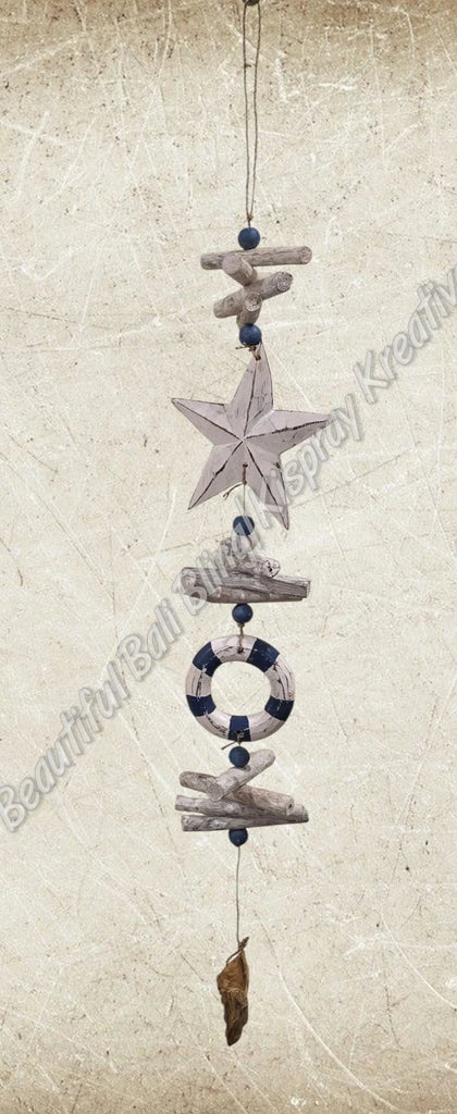 Beachy Hamptons Driftwood Wood dangler blue heart approx 12cm x 80 cm #0096