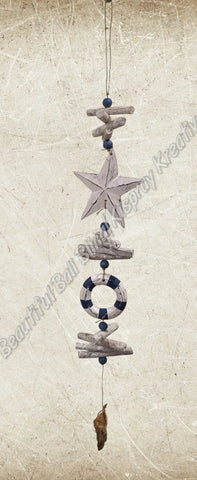 Beachy Hamptons Driftwood Wood dangler blue heart approx 12cm x 80 cm #0096