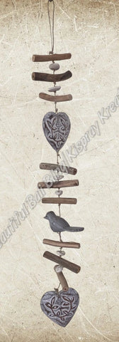 Beachy Hamptons Driftwood Wood Heart Bird dangler, approx 10cm x 85cm #0107