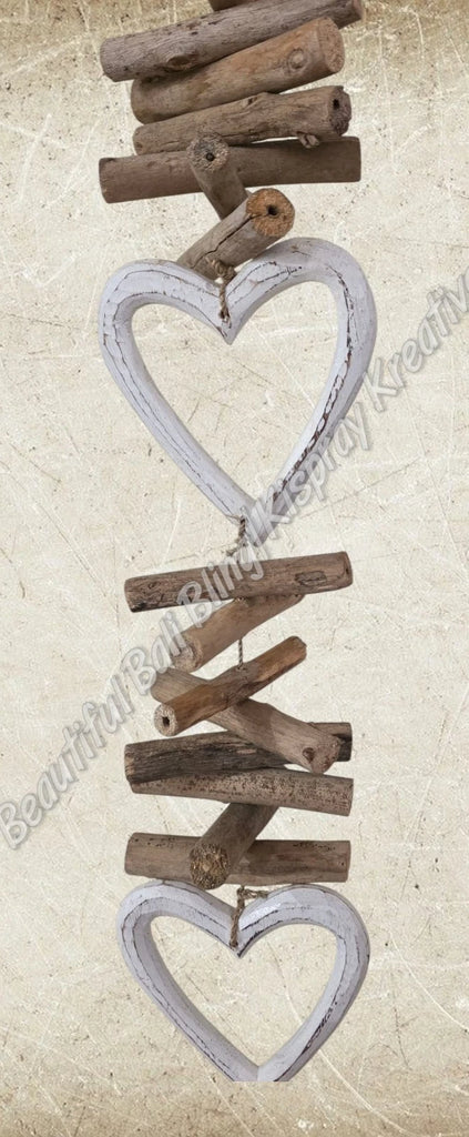 Wood dangler, white hearts approx 12cm wide x 85cm COMPLETE length #0084