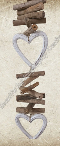 Wood dangler, white hearts approx 12cm wide x 85cm COMPLETE length #0084