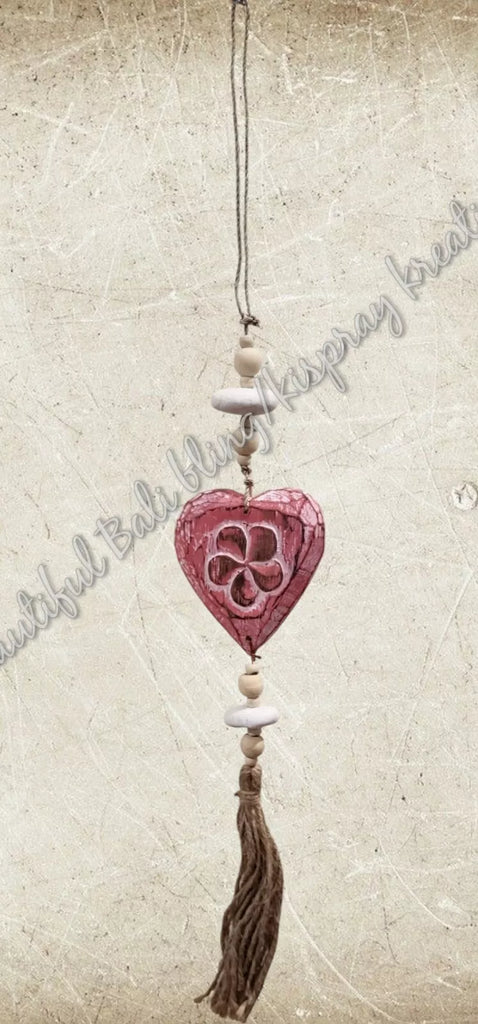 Beachy Hamptons Driftwood Wood dangler pink heart approx 9cm x 55 cm #0080