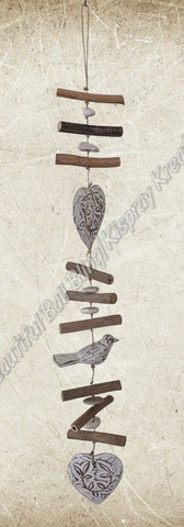 Beachy Hamptons Driftwood Wood Heart Bird dangler, approx 10cm x 85cm #0106