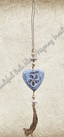 Beachy Hamptons Driftwood Wood dangler blue heart approx 9cm x 55 cm #0073