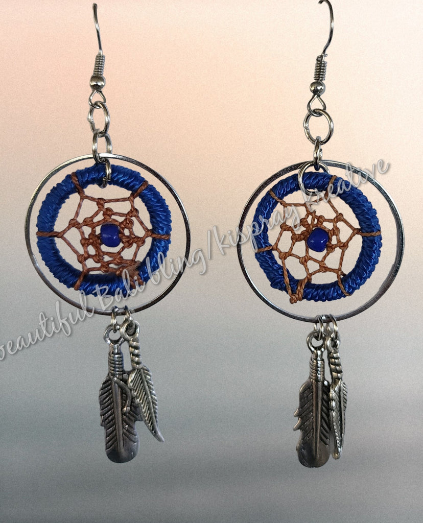 Ear rings, dreamcatcher Silver & bright navy blue length from top of hook approx 9 cm