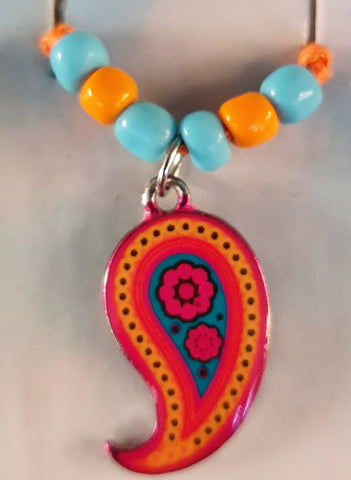 Necklace, Mandala reverse teardrop shape orange cord