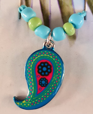 Necklace, Mandala reverse teardrop shape blue cord