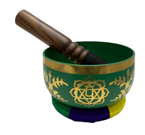 Tibetan singing bowl,  GREEN. 13 cm.with cushion and wand