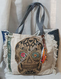 Boho recycled jean bag mandala skull