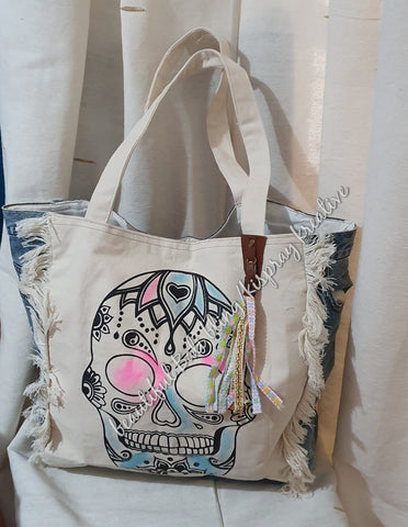 Boho recycled jean bag mandala skull pastels