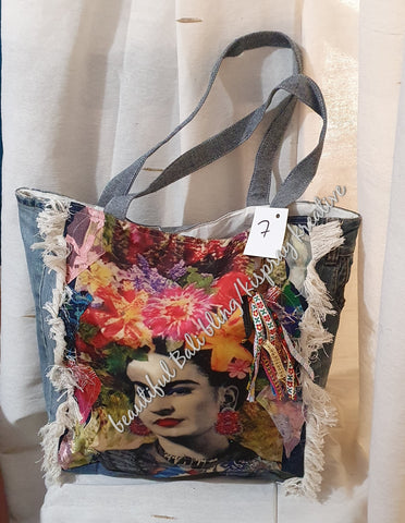 Boho recycled jean bag Frida Kahlo #7