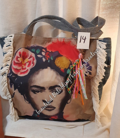 Boho recycled jean bag Frida Kahlo #14