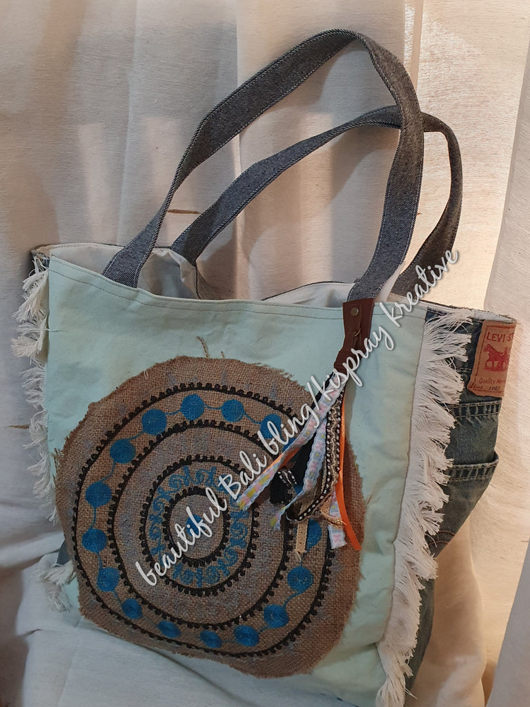 Boho recycled jean bag  blue