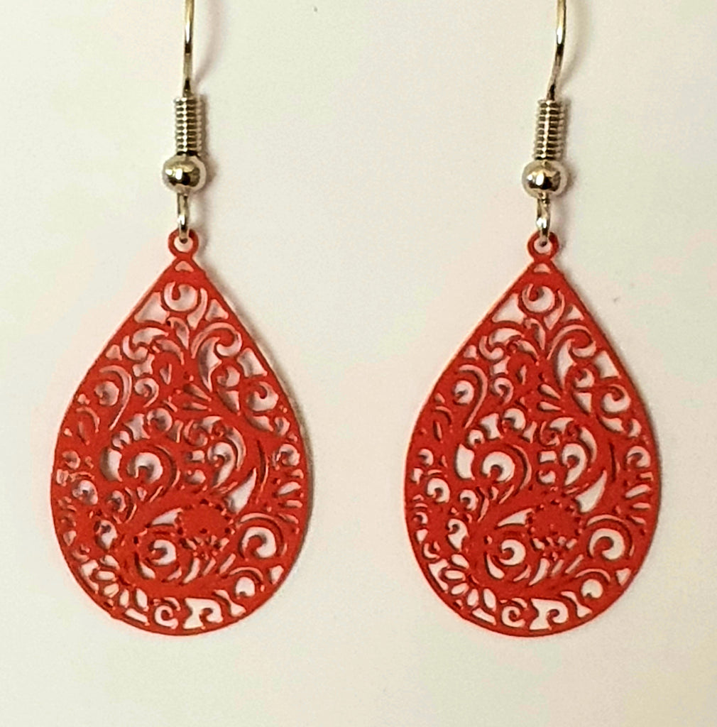 Earrings, filigree orange tear drop. Size including earring hook is 49mm long and 18mm wide.