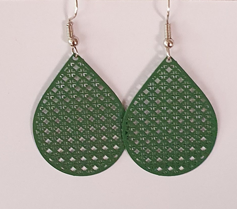 Earrings, filigree lattice green. Length including earring hook is 47mm long.