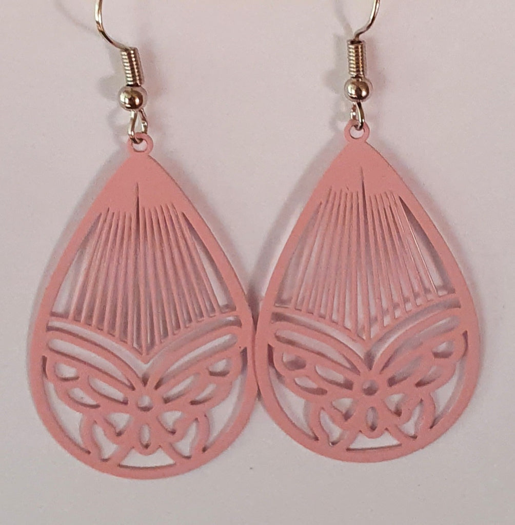 Earrings, filigree teardrop butterflies pink Size including earring hook is approx 60mm long.