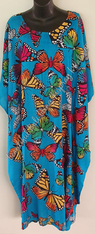 Kaftan, FULL LENGTH 4XL Suit to size 24, blue with  multicoloured butterflies