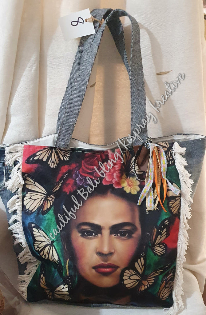 Boho recycled jean bag Frida Kahlo #8