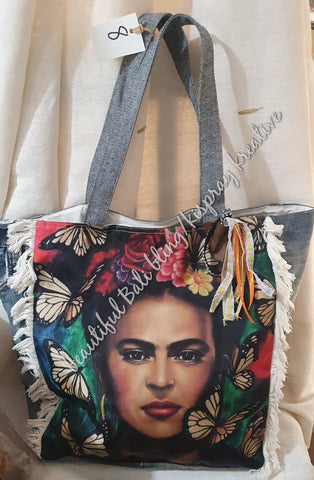 Boho recycled jean bag Frida Kahlo #8
