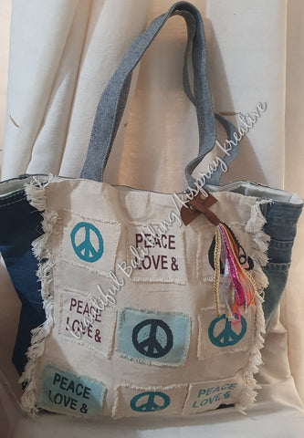 Boho recycled jean bag peace & love blues