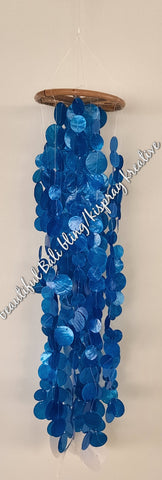 Capiz shell wind chime  blue  rattan circle 67 cm drop  x 11 cm wide approx #0038