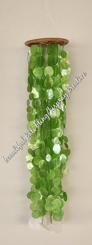 Capiz shell wind chime  apple green  rattan circle 70 cm drop  x 12 cm wide approx #0037