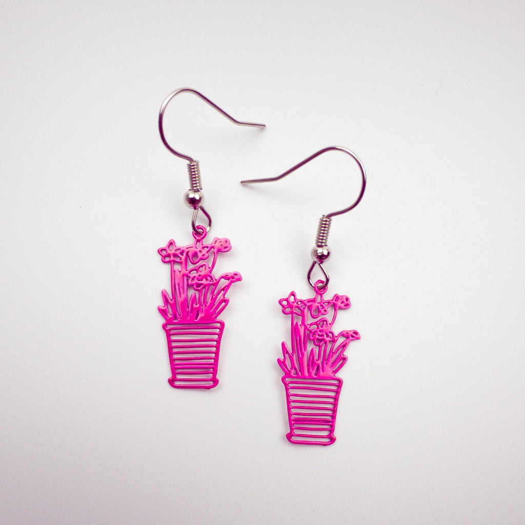 Earrings, filigree flower pot, hot pink, PETITE Length including earring hook is 40 mm long.