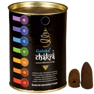 BULK BUY Incense Goloka Brand Incense BACKFLOW CONE CHAKRA 24 cones per pack in a resealable tin buy 10 receive 11