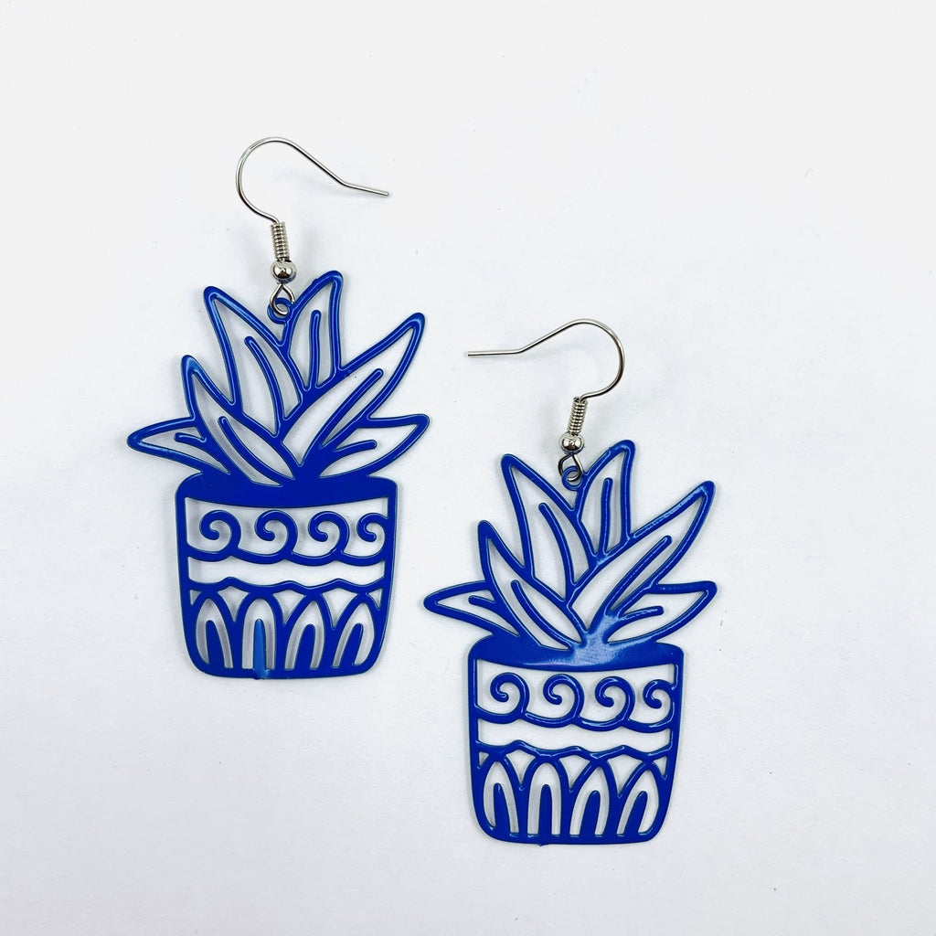 Earrings, filigree flower pot. blue Length including earring hook is 60mm long.