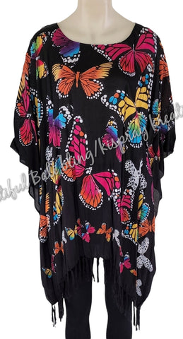 Kaftan, generous sizing, black with multicoloured butterflies 4XL Suit to size 24