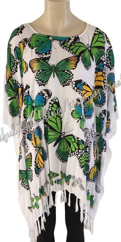 Kaftan, generous sizing, white with greeny multicoloured butterflies 4XL Suit to size 24