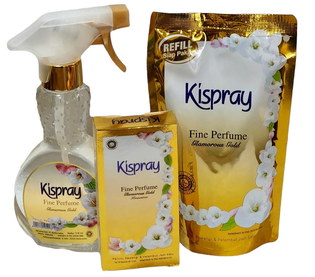 Kispray Gold collection!  1 x 280ml premixed sachet, 6 x 11ml sachets concentrate and 1 x bottle premixed. ALL GOLD