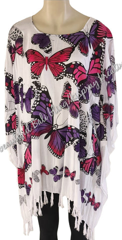 Kaftan, generous sizing, white pink/purple butterflies 4XL Suit to size 24 #10