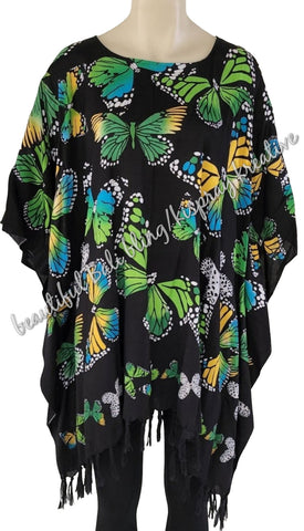 Kaftan, generous sizing, black with green/blue/yellow  multicoloured butterflies 4XL Suit to size 24