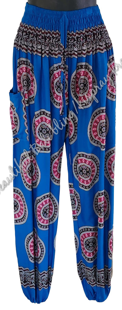 Harem pants Full length BRIGHT LIGHT BLUE & CIRCLES  Suit to size 14. clothing